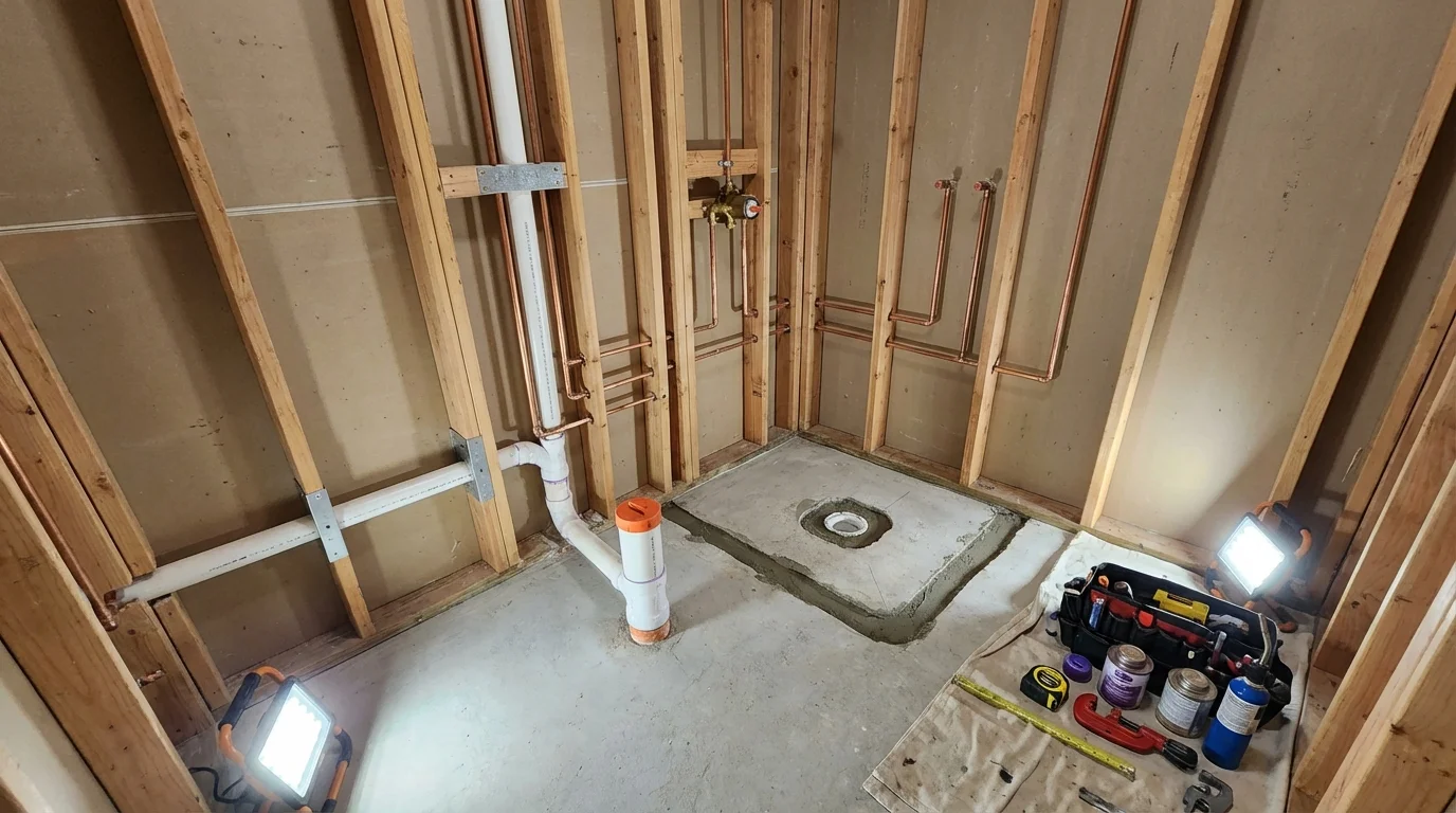 Bathroom rough-in plumbing during remodel by Johns Plumbing LLC in Canterbury