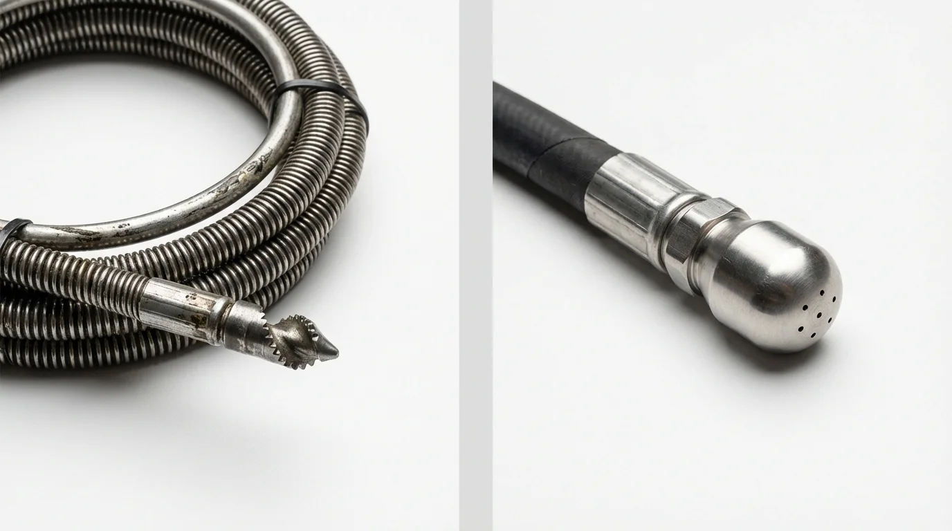 Drain snake cable and hydro jetting nozzle used for drain cleaning in Canterbury, NH