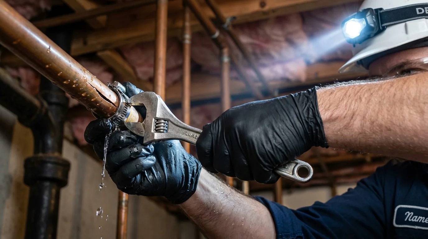 Emergency pipe clamp repair being performed by a Johns Plumbing LLC plumber in Canterbury