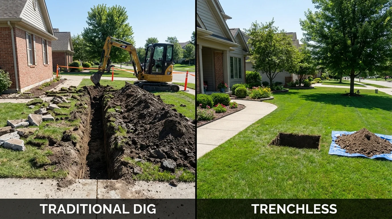 Trenchless sewer repair with minimal yard damage versus traditional excavation in Canterbury, NH