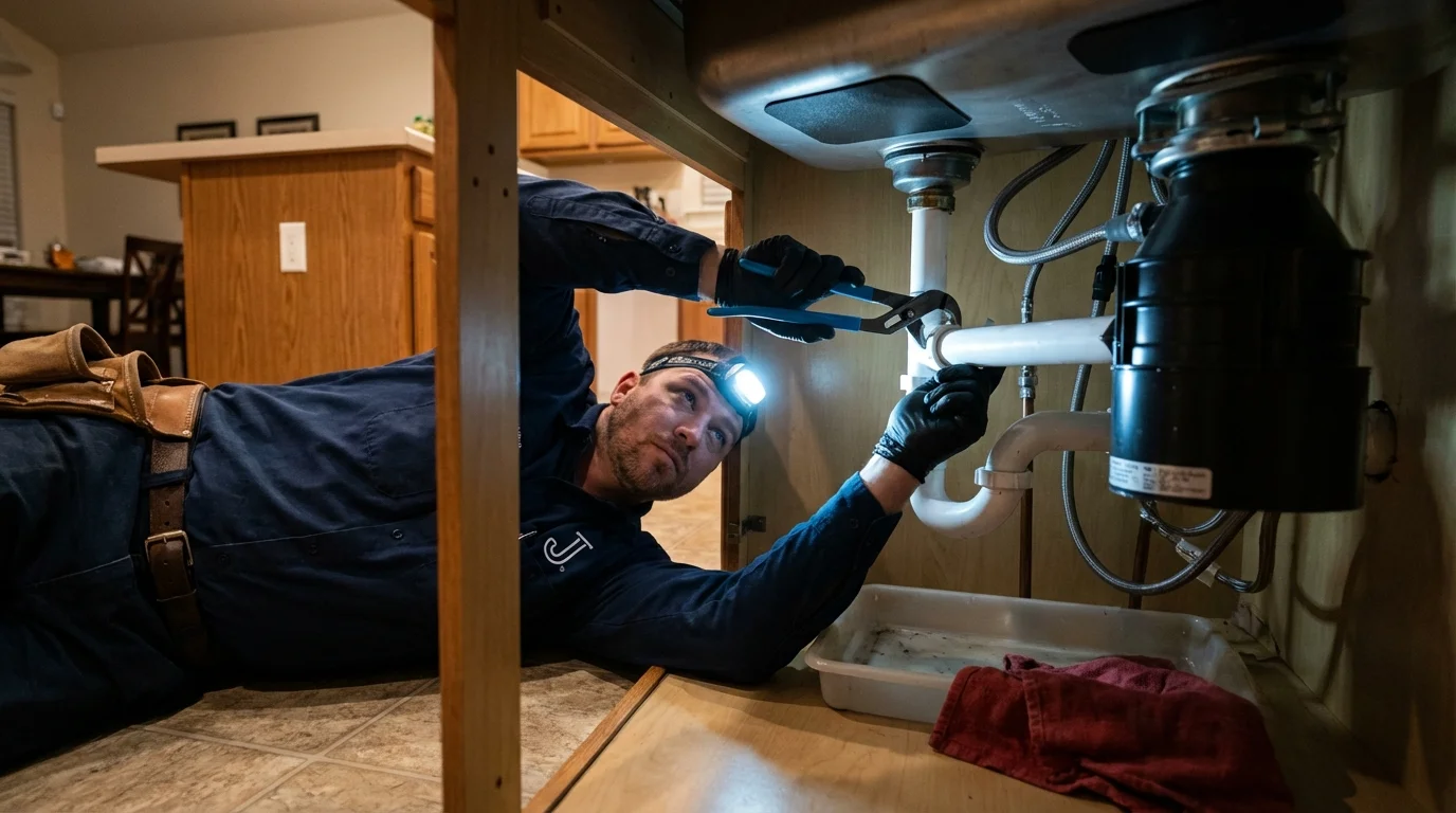 P-trap and supply line connections under a kitchen sink showing a common leak point in Canterbury, NH
